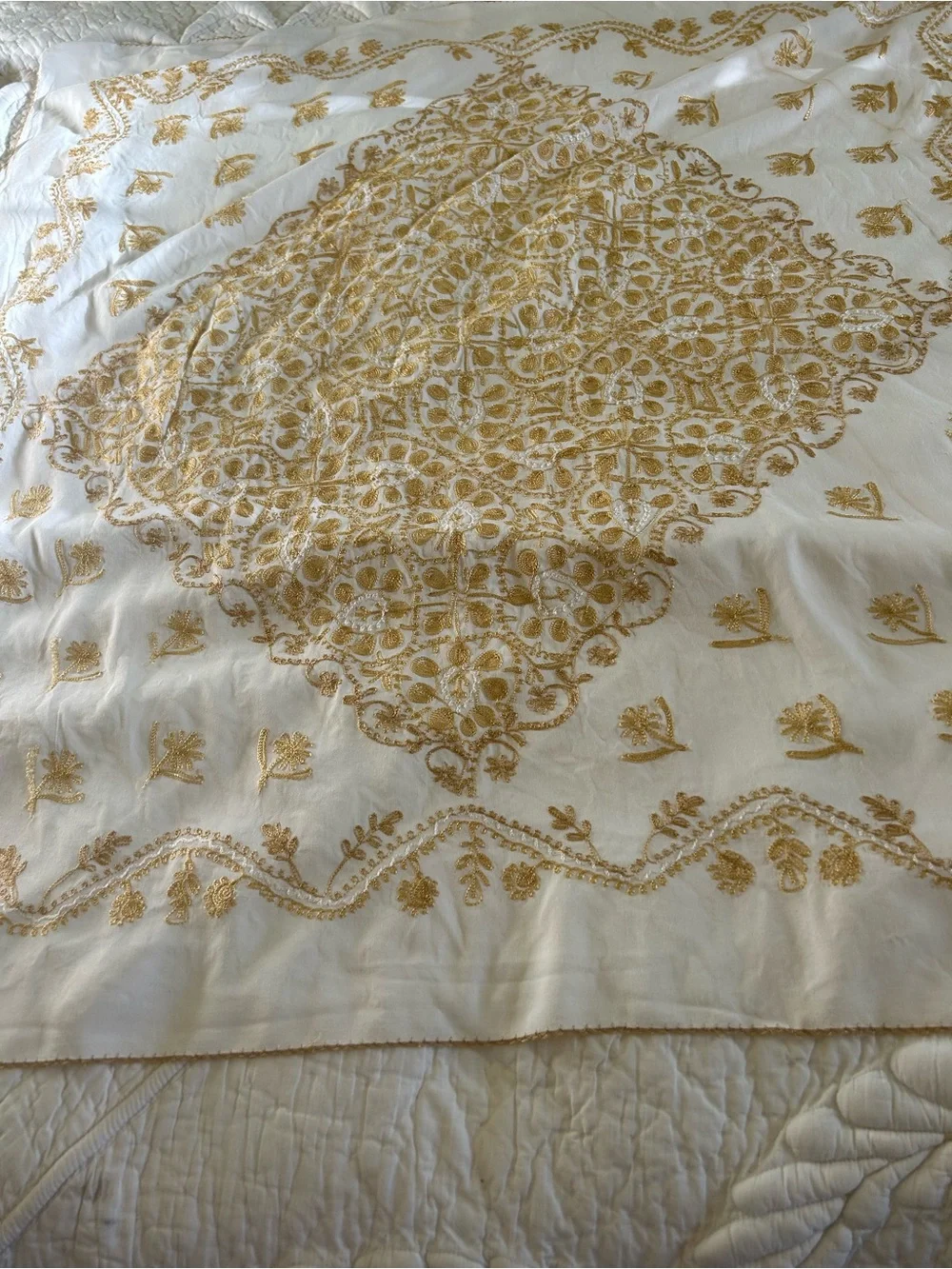 Machine -Embroidered Cream Tablecloth or Shawl with Gold Floral Motif 36 in sq
